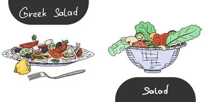 Greek salad with herbs and tomatoes. doodle sketch vector