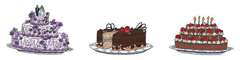 set of cakes for wedding and birthday. doodle new vector