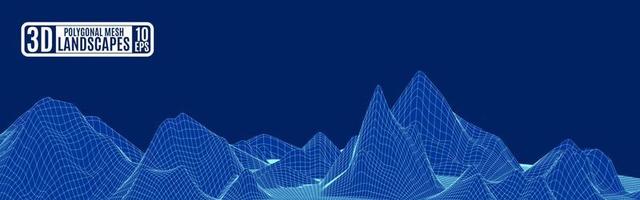 Blue grid polygonal vector background with mountain cyberspace