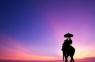silhouette elephant with tourist at sunset photo