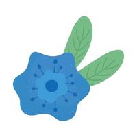 lindo, flor azul, y, hojas, primavera, icono vector