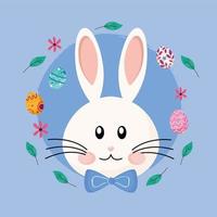 cute easter rabbit with bowtie head character and eggs painted around vector