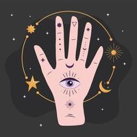 mano humana con ojo esotérico y estrellas doradas y luna vector