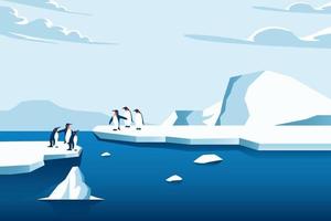 Climate change is real. Penguin on  melting mountain ice and sea level rising vector illustration concept