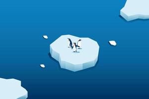 Climate change is real. Penguin on  melting mountain ice and sea level rising vector illustration concept