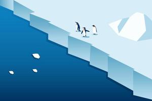 Climate change is real. Isometric Penguin on  melting mountain ice and sea level rising vector illustration concept