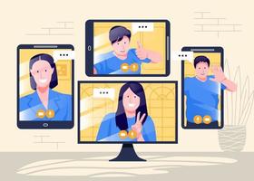 Online meeting illustration vector design concept. Man and woman at remote work conference. work from home with virtual video. Cartoon people discussion.