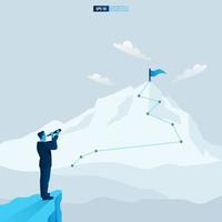 Businessman character looking through telescope on mountain seeing success vision with arrow up. Financial, Return on investment ROI chart increase profit vector illustration concept.