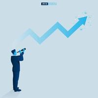 Businessman character looking through telescope seeing success vision with arrow up. Financial, Return on investment ROI chart increase profit vector illustration concept.