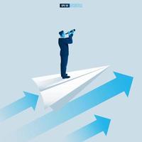 Businessman character looking through telescope seeing success vision with arrow up. Financial, Return on investment ROI chart increase profit vector illustration concept.