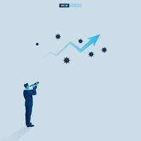 Businessman character looking through telescope seeing success vision with arrow up in pandemic case. Financial, Return on investment ROI chart increase profit vector illustration concept.