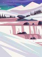 Beautiful scenery of nature landscape in winter with snow, forest, mountains, and cabin. Banner background vector illustration