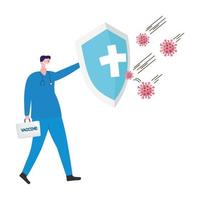 doctor lifting shield with covid19 virus particles vector