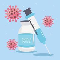 covid19 virus vaccine vial with syringe and particles vector