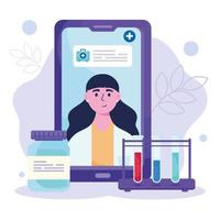 female doctor in smartphone with drugs bottle and tubes test vector