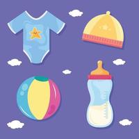 bundle of four baby shower icons in purple background vector