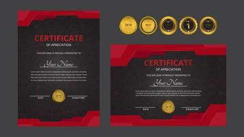 Gradient golden and red luxury certificate with gold badge set For award, business, and education needs free vector