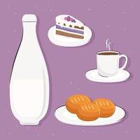 Paquete de cuatro deliciosos iconos de desayuno en fondo morado vector