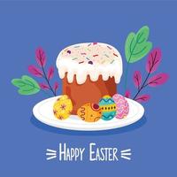 happy easter lettering card with sweet cupcake and eggs painted in dish vector