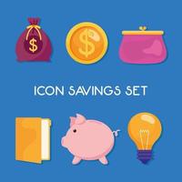 bundle of six savings management set icons and lettering vector