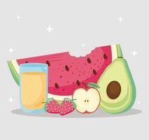 frutas y jugos frescos y deliciosos vector