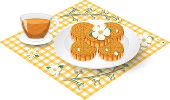 Pile of mooncakes with teacup set on tablecloth vector