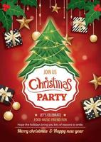 Merry christmas party and tree on red background invitation theme concept. Happy holiday greeting banner and card design template.
