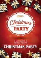 Merry christmas party and gift box on black background invitation theme concept. Happy holiday greeting banner and card design template. vector