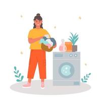 Happy woman in laundry with laundry basket, vector illustration in flat style