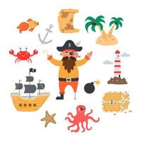 Pirate set of design elements ship, map, treasure chest, island, anchor and sea animals. Vector illustration in flat cartoon style