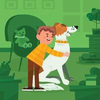 Boy Hugging His Pet Dog At Home Concept vector