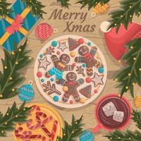 Merry Xmas with Food and Decoration Background Template vector
