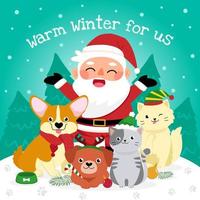 santa con animales en invierno vector