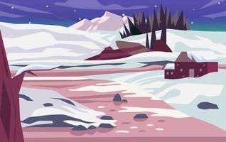 Beautiful scenery of nature landscape in winter with snow, forest, mountains, and cabin. Banner background vector illustration