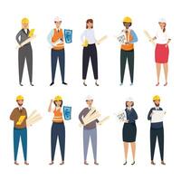 Architects and engineers people with helmets and plans icon set vector design