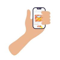 hand using smartphone with shopping basket ecommerce vector