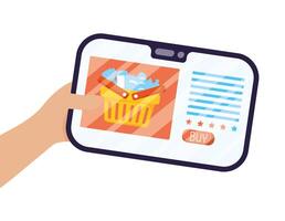 tablet electronic with shopping basket and groceries vector