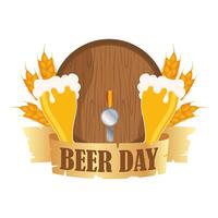 glasses and barrel with beer day ribbon vector design