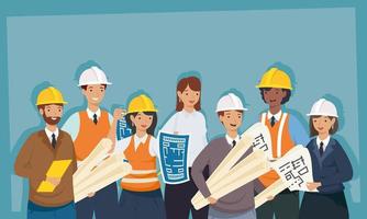 Architects and engineers people with helmets and plans vector design