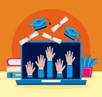 laptop with graduated hands up vector