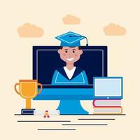 graduated boy in computer with icons vector