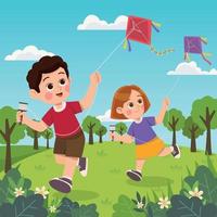 niños pequeños volando cometas en el parque vector