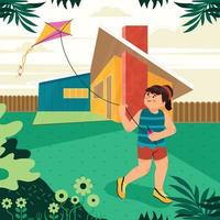 Girl Fly Her Kite Outside Her House Concept vector