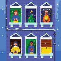 People Carolling From Their Window Apartment Concept vector