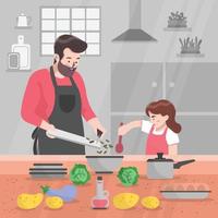 Daughter Help Father Cooking Concept vector