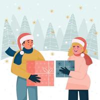 Couple Give Christmas Presents To Each Other Concept vector