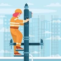 Women Worker Climb Pole Working On Construction Concept vector