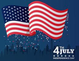 Celebración del día de la independencia de Estados Unidos del 4 de julio con bandera y paisaje urbano vector