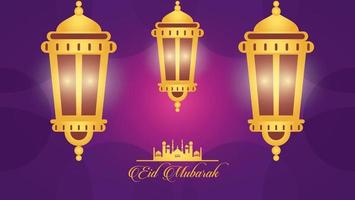 eid mubarak celebration card with lanterns hanging vector