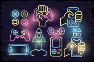 retro video game neon bundle set icons vector